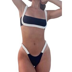 Women's Colorblock Bikini Set Square Neck High Cut Cheeky Sexy Two Piece Black S